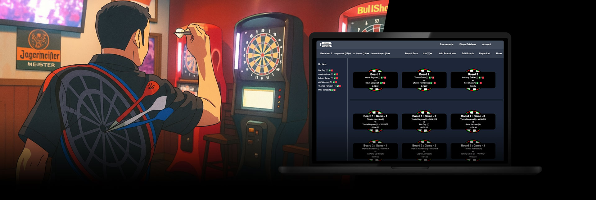 Screenshot of Good Tourney chip tournament software in Darts Mode showing active players, chip counts, and match queue.
